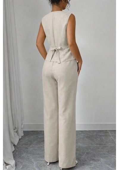 Defymoda Kadın Askılı Önden Düğmeli Bluz Ve Pantolon Keten Ikili Takım Bej