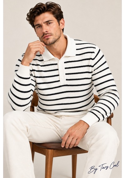 Erkek Çizgili Polo Yaka Triko Kazak Slim Fit Uzun Kollu Pamuk Akrilik Karışımlı Beyaz