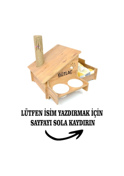 Ahşap Kedi Evi - Mama Kabı-özel Isim Baskılı-meşe Mdf- Beyaz Seramik Kase 2 400ml- Tırmalama Çubuklu