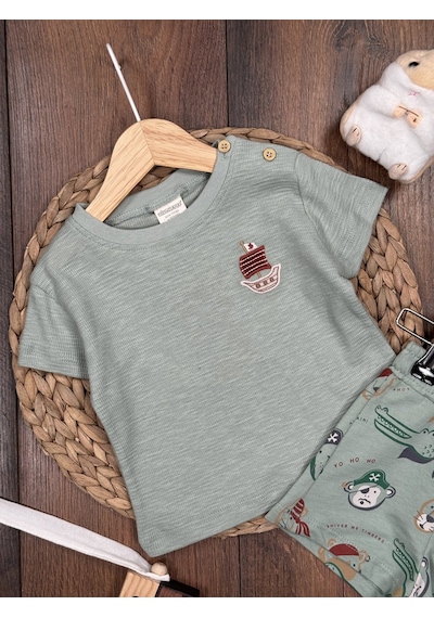 Aydınlar Bebe Pamuk Yelken Nakış Detaylı Waffle Kumaş Şortlu Erkek Bebek 2li Takım Yeşil Yesil