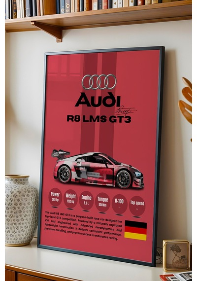 Audi R8 Lms Gt3 Premium Spor Araba Çerçeveli Tablo - Teknik Özellikli Otomobil Sever Duvar Dekoru Siyah Audi R8 Lms Gt3 Premium Spor Araba Çerçeveli Tablo - Teknik Özellikli Otomobil Sever Duvar Dekoru Siyah