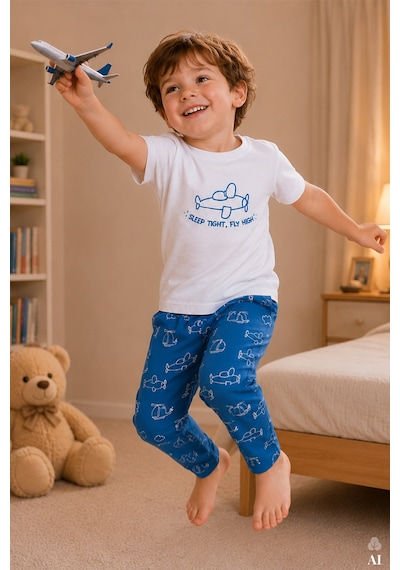 Koza İç Giyim Erkek Çocuk Kısa Kollu Pamuklu Hayvan Desenli Pijama Takımı Kc30102.01 Mavi
