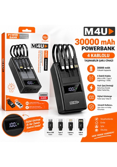 M4u 30.000 Mah 4 Kablolu Dijital Göstergeli Powerbank 30000mah