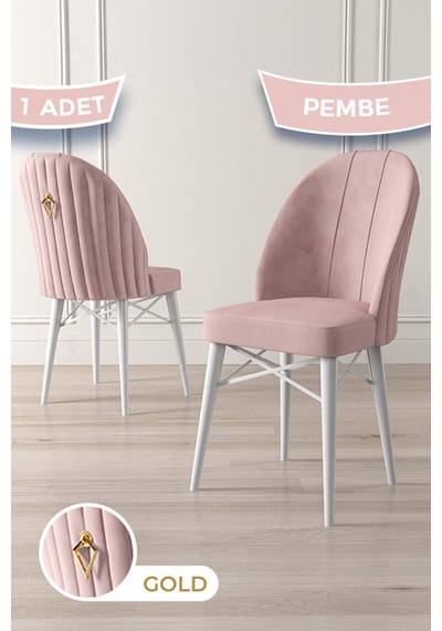 Canisa Ritim Serisi, Beyaz Gürgen Ayaklı, 1.sınıf Babyface Kumaş Pembe Sandalye , Gold Halkalı 1 Adet Sandalye Pembe Ayaklar Beyaz