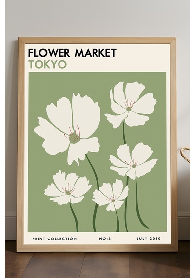 Flower Market Tokyo Doğal Ahşap Çerçeveli Poster, Dekoratif Sanatsal Duvar Tablosu
