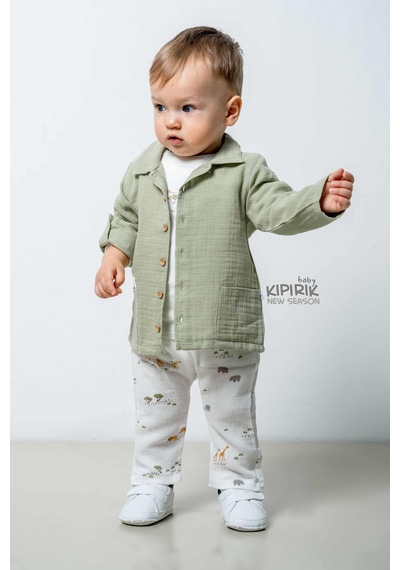 Caramell 3'lü Bebek Takımı Müslin Gömlek Pantalon Tişört Zürafa Desenli-1134 Yesil