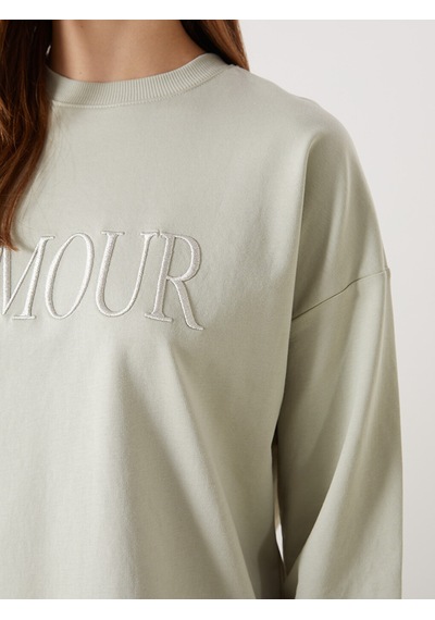 Lcw Modest Gri Bisiklet Yaka Nakışlı Oversize Kadın Sweatshirt Tunik