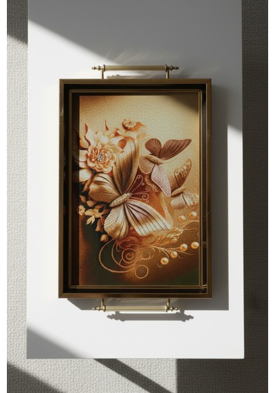 Altın Kelebek Desenli 40x28cm Metal Kulplu Lüks Sunum Ve Servis Tepsisi