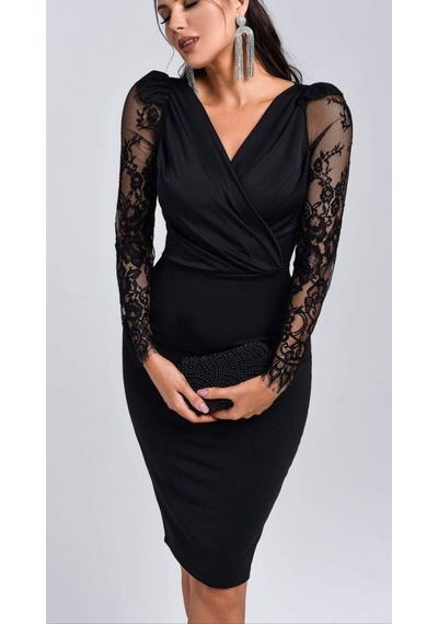 Moderie Butik Kadın Uzun Kollu Kruvaze Yaka Kollar Tül Detay Ithal Krep Mini Boy Elbise Siyah