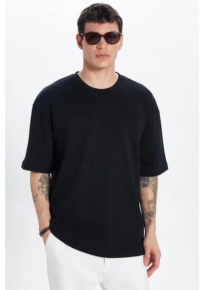 Tudors Unisex 3'lü Paket Lacivert-beyaz-siyah Oversize Geniş Kesim %100 Pamuk Basic Bisiklet Yaka Tişört-35277 Multi