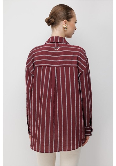 Mizalle Çizgili Oversize Mürdüm Viskon Gömlek