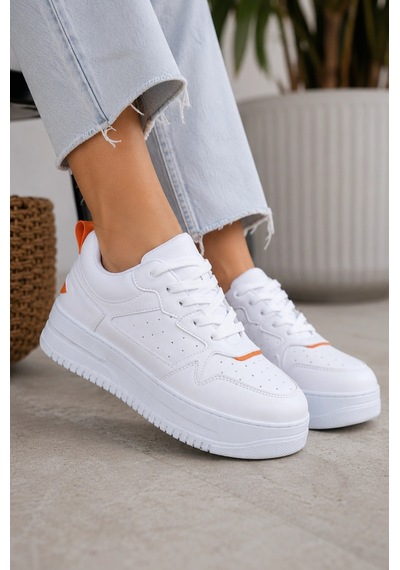 Mevese Avela Kalın Taban Bağcıklı Günlük Kadın Sneaker Beyaz Turuncu Detaylı