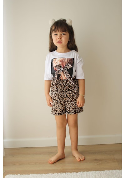 Miniko Kids Kız Çocuk Leopar Desenli Pamuk Şortlu Takım Beyaz