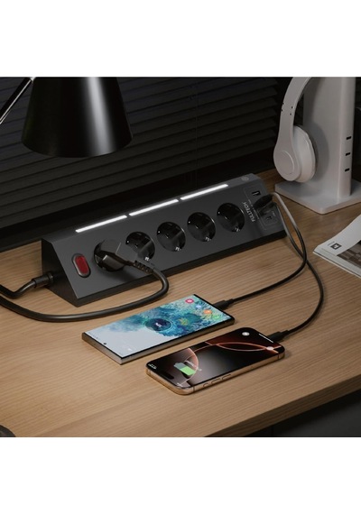 Akım Korumalı Priz, 5'li Priz Soketi, 5x Fiş Soketi, 2x Usb Girişi, 2x Type-c Girişi, Işıklı Gövde, Isıya Daya 0