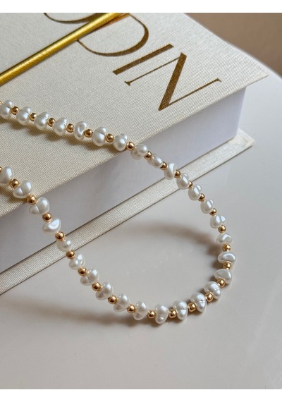 Altın Top Detaylı Beyaz İnci Kolye Choker Model Altın