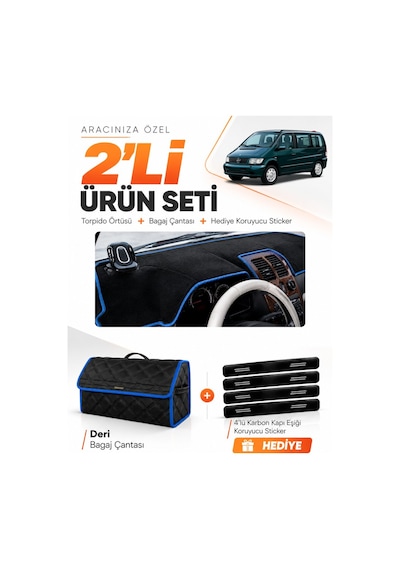 E-biz Mercedes Vıto W638 1996-2003 Uyumlu Torpido Örtüsü + Deri Bagaj Çantası - Siyah-mavi - Mb024