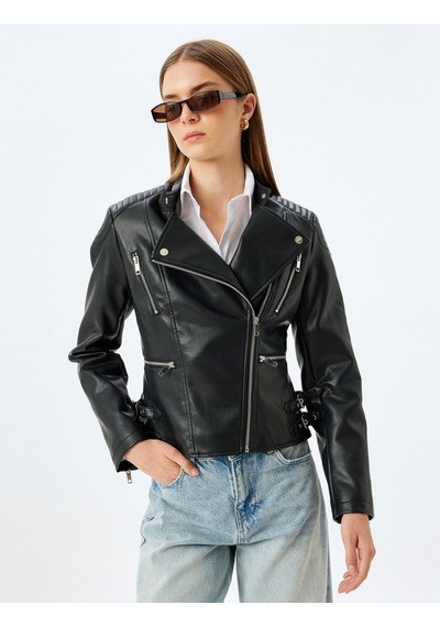 Koton Fermuarlı Cepli Kruvaze Suni Deri Biker Ceket Siyah 5sak20011ew