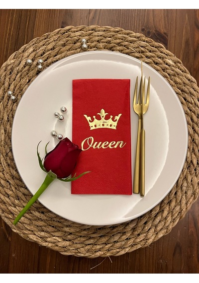 Gold Yaldızlı Kırmızı Queen Taç Detaylı Peçete 16 Adet