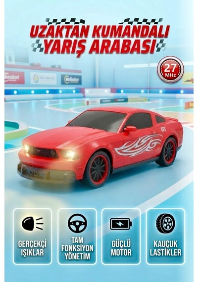 Mustang Dev Boyutlu Uzaktan Kumandalı Yarış Arabası Işıklı 1:10 Ölçekli 6 Fonksiyonlu Oyuncak Araba Kırmızı