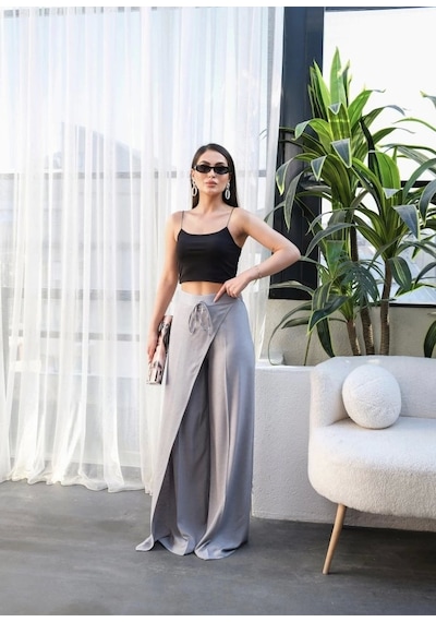 Defymoda Keten Önü Çapraz Parçali Lasti Kli Ve Bağcikli Geni Ş Paça Pantolon Gri