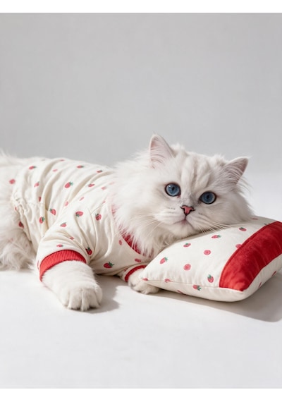 Tatlı Çilek Kedi Uyku Seti Penye Kedi Tulum Ve Mini Yastık Takımı Pamuklu Tüy Dökülmesini Azaltır