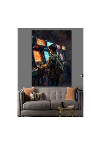 Retro Atölyede Oyun Oynayan Genç Yağlı Boya Dokulu Kanvas Tablo Canvas Tablosu