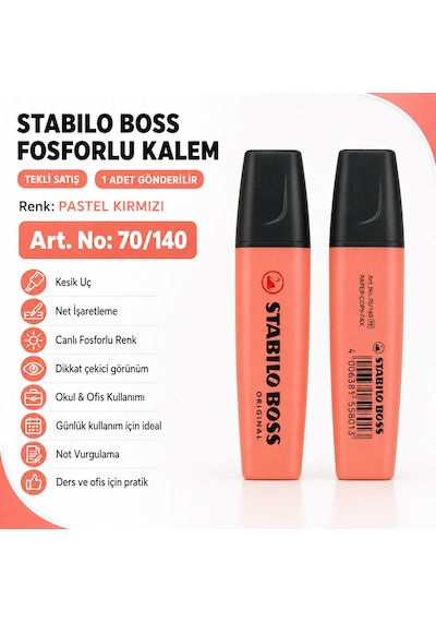 Boss Fosforlu Kalem 1 Adet Metin İşaretleme Kalemi Pastel Kırmızı