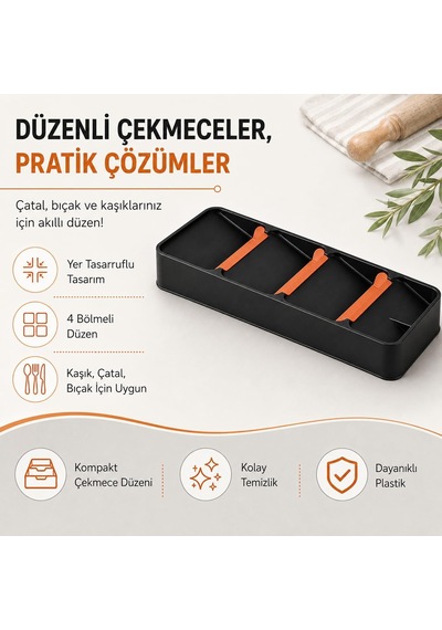 4 Bölmeli Çekmece İçi Kaşıklık Çatal Bıçak Organizeri Düzenleyici,siyah Diğer