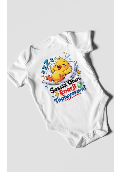 Morivokids Sessiz Olun, Enerji Topluyorum Kısa Kollu Bebek Body %100 Pamuk Beyaz