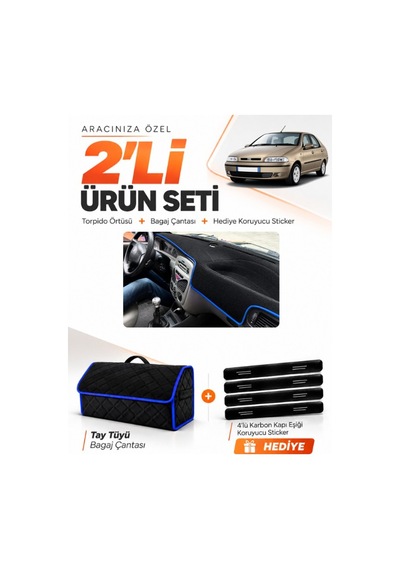Fıat Siena 1999-2005 Uyumlu Torpido Örtüsü + Tay Tüyü Bagaj Çantası + Sticker Seti - Siyah Mavi