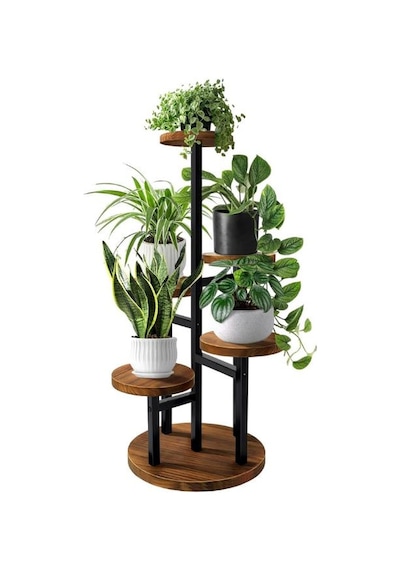 Çiçeklik 5 Raflı Saksılık Dekoratif 5 Raflı Çiçeklik Metal Doğal Ahşap Saksılık Çiçek Rafı Daire Model 1 Adet