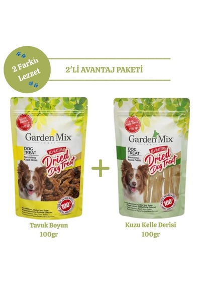 Garden Mix 2'li Avantaj Paketi Tavuk Boyun 100 G + Kuzu Kelle Derisi 100 G Doğal Köpek Ödülü