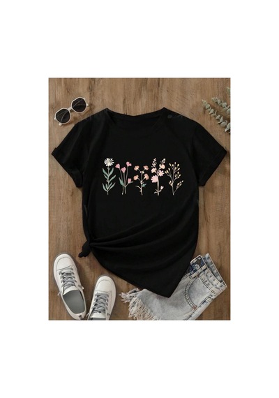 Medinenur Lavanta Desen Baskılı Basic T-shirt Siyah