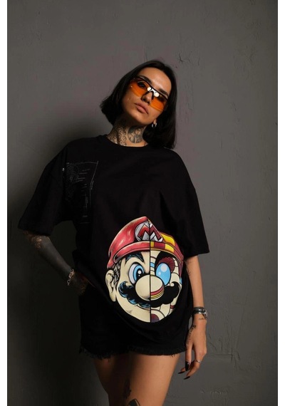 Assema Kadın Mario Baskılı T-shirt Oversize Kısa Kol Bisiklet Yaka Tişort - Siyah Çok Renkli