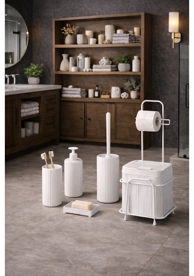 Decorev 6'lı Banyo Seti Metal Standlı Beyaz Ahşap Desenli Tuvalet Wc Kağıtlık Seti
