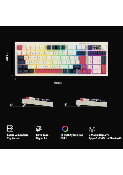 Lecoo Gk690 Kablosuz 3 Modlu 96 Tuşlu Rgb Gasket Membran Türkçe Q Oyuncu Klavyesi Beyaz Lacivert