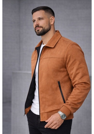 Baselco Basic Slim Fit Polo Yaka Süet Ceket Taba