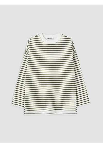 Lcw Modest Haki Çizgili Oversize Kadın Sweatshirt Tunik