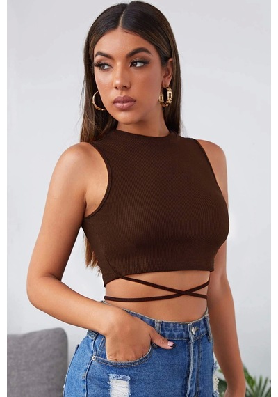 İmoda Kadın Kahverengi Çapraz Bağlamalı Crop Top Büstiyer Çok Renkli