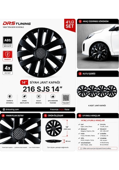 Alfa Romeo Uyumlu 14 Inc Kırılmaz Parlak Siyah Jant Kapağı 1 Takım 4 Adet No:216