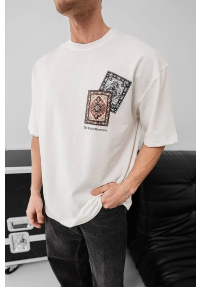 Erkek Yazlık Bisiklet Yaka Baskılı Regular Fit Tişört Kısa Kol T-shirt - Beyaz