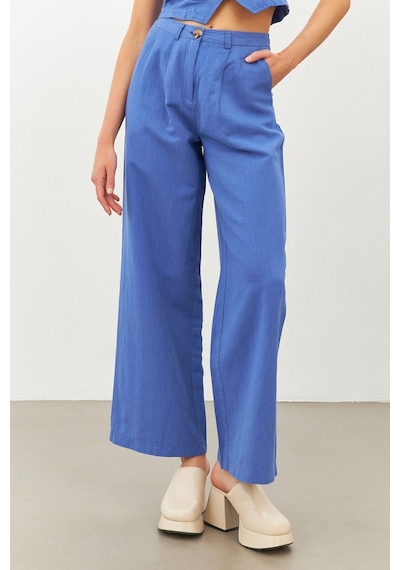 Stella Pulvis Mavi Keten Yüksek Bel Wide Leg Pantolon Mavi