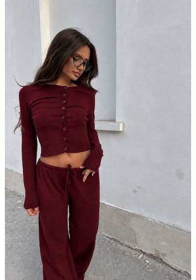 De Pose Düğme Detaylı Pijamalı Hırka Triko Takım Bordo