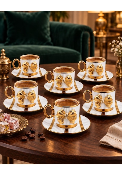 Valkyrie Petek Serisi 6 Kişilik 12 Parça Beyaz Gold Detaylı Türk Kahvesi Fincan Seti Porselen 90ml Beyaz Altın