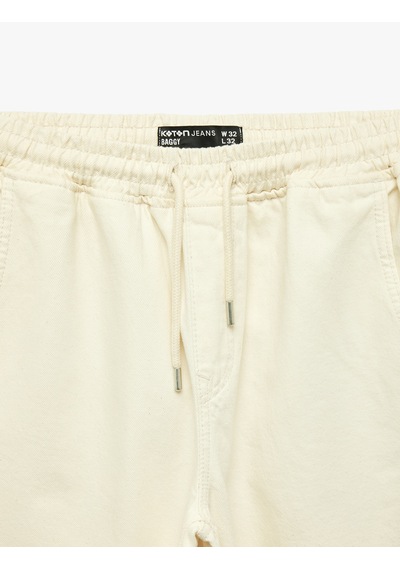 Koton Oversize Pamuklu Bol Beli Bağcıklı Jean Pantolon Ekru 6sam40029nd
