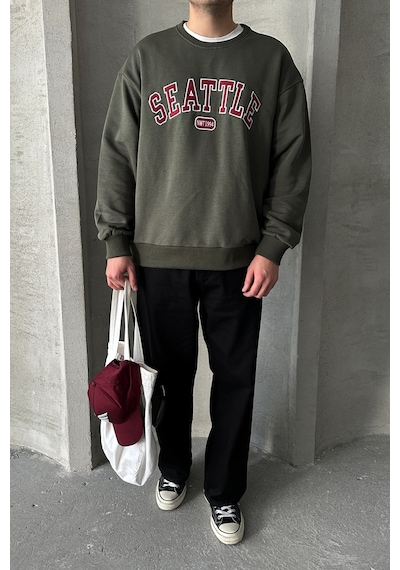 Erkek Seattle Baskılı Oversize Sweatshirt Haki