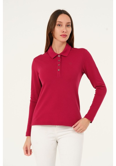 Msw Kadın Uzun Kollu Regular Fit Polo Yaka T-shirt Açık Bordo