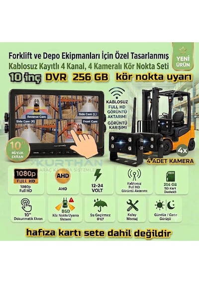 10 İnç Dvr 4 Kameralı Kablosuz Dokunmatik Ahd 1080p Bsd Kör Nokta Uyarı 12 24 Volt