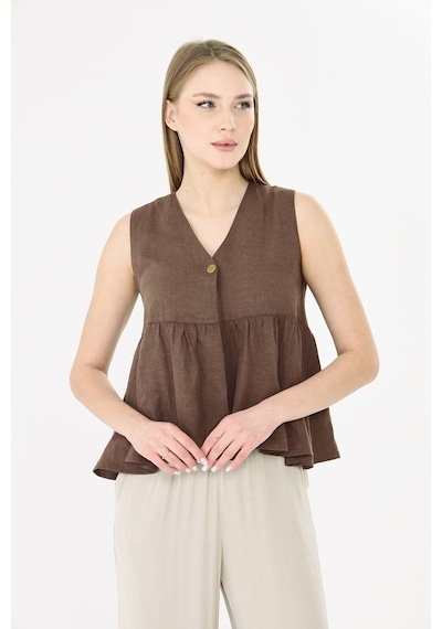 Sortie Collection V Yaka Tek Düğmeli Peplum Kahverengi Keten Bluz