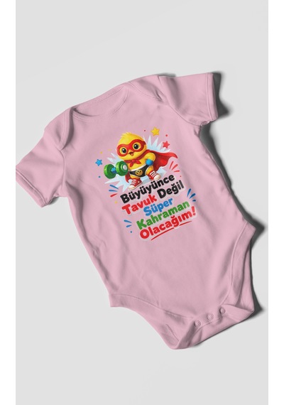 Morivokids Büyüyünce Tavuk Değil, Yazılı Kısa Kollu Bebek Body %100 Pamuk Koyu Pembe